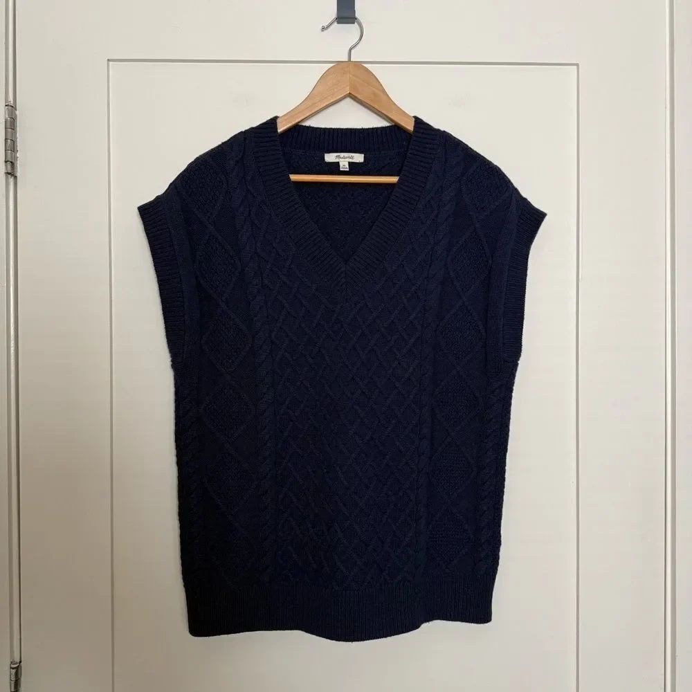 Madewell Sweater Vest Women Sz XS Navy Cable Knit V Neck Short Sleeve Wool Blend